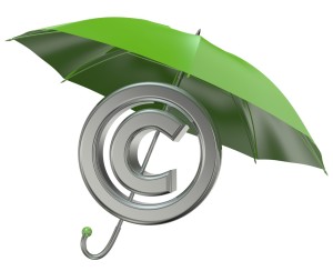 3d rendered copyright protection concept with green umbrella